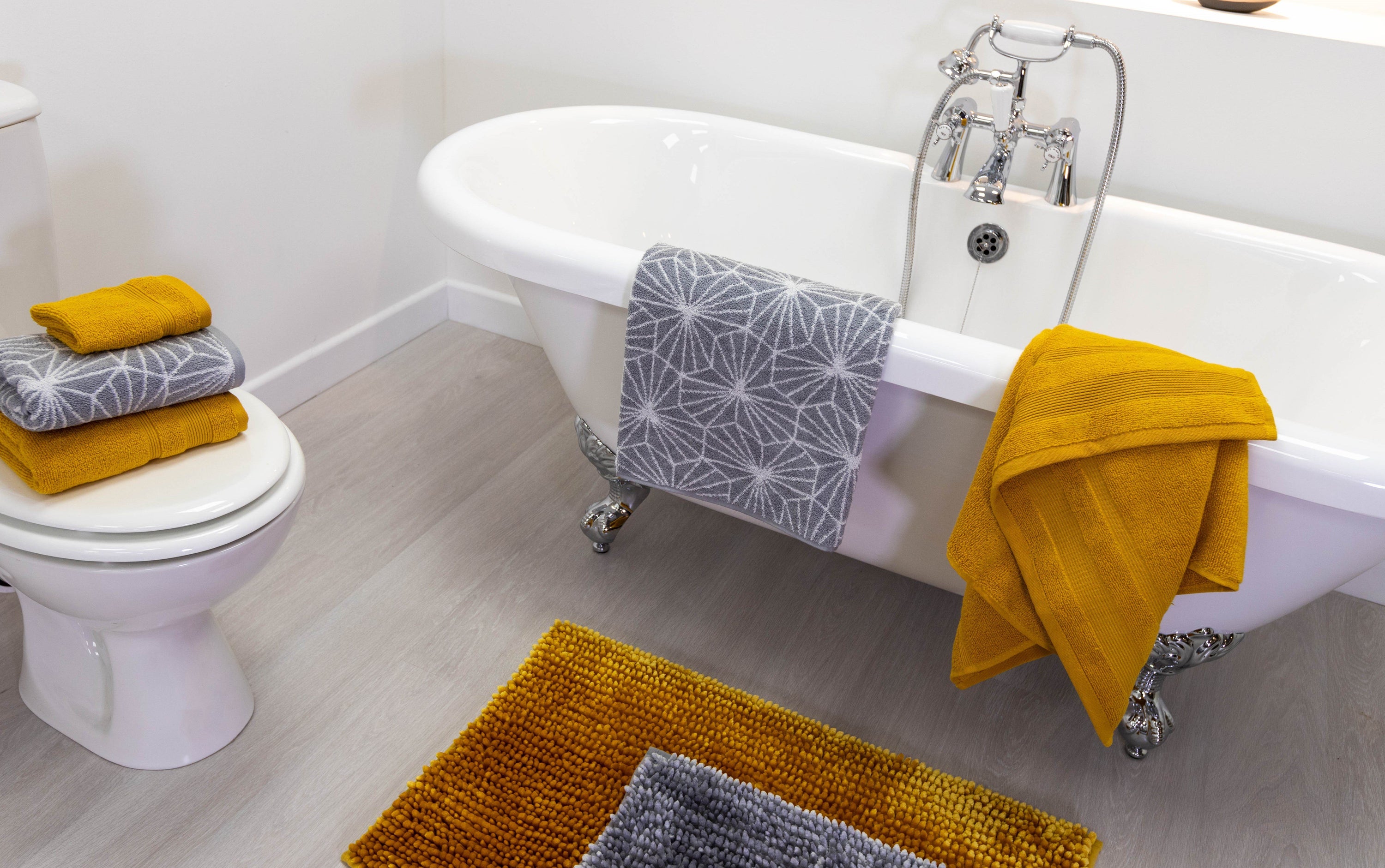 grey and mustard bathroom