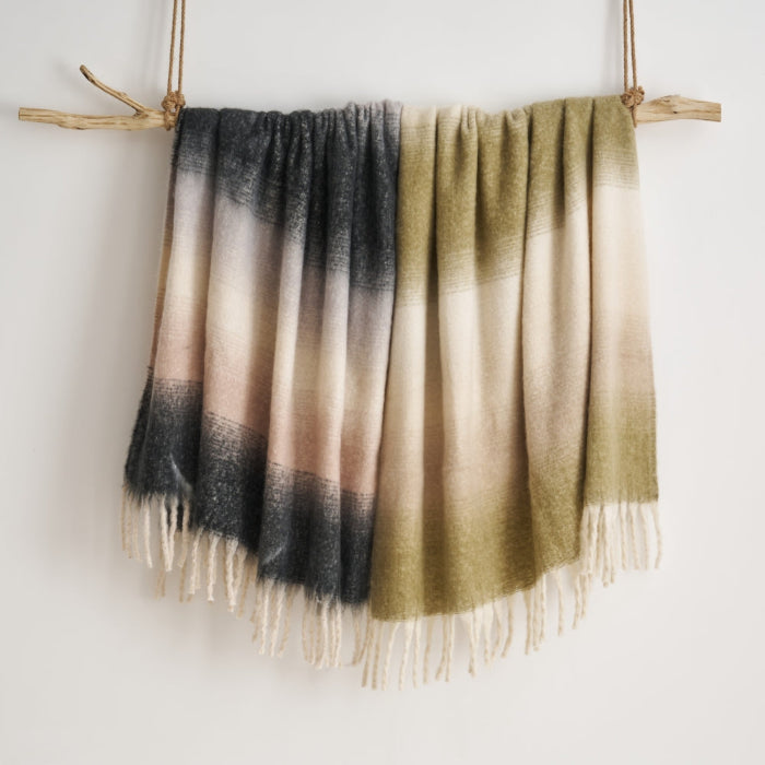 Faux mohair throw blankets in green or grey.