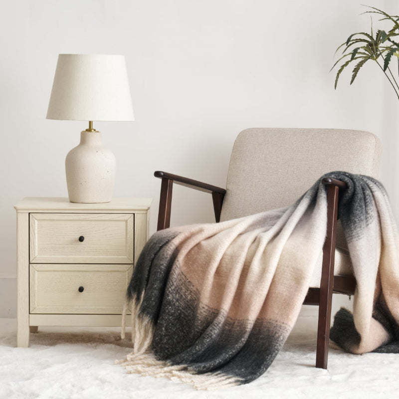 Cream and grey faux mohair sofa throw blanket with fringe.