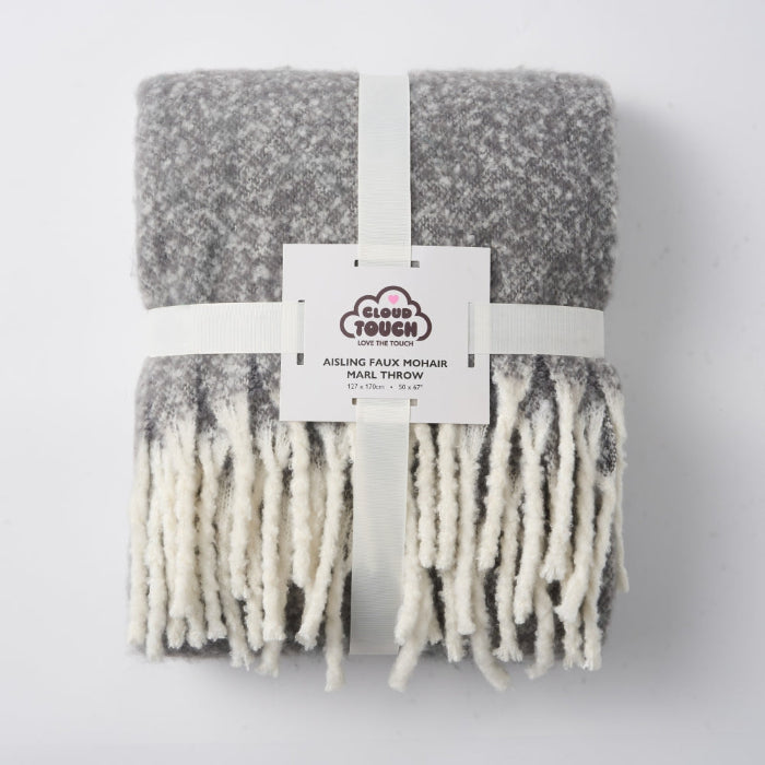 dark grey faux mohair throw blanket with white fringe.