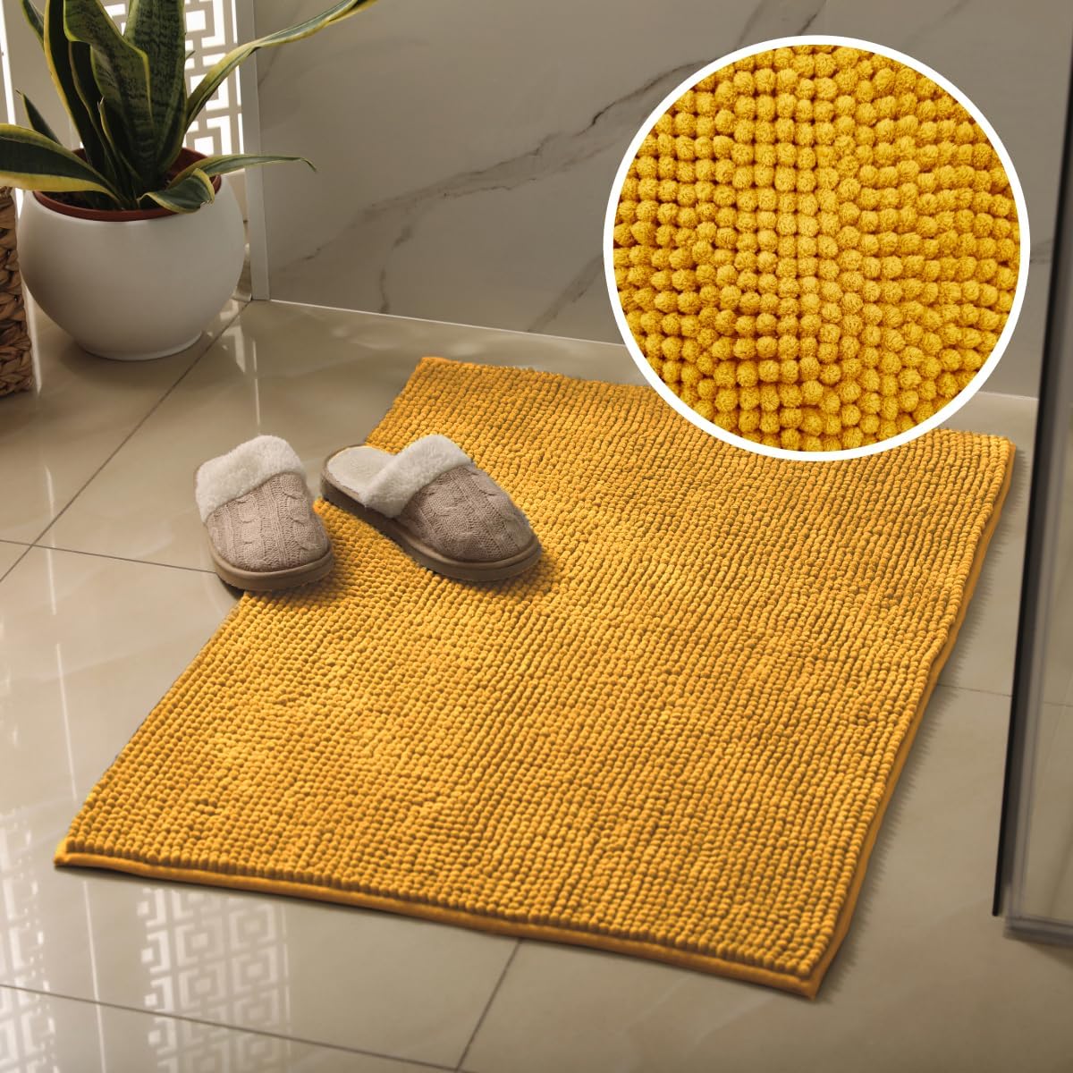 Chenille bobble bath mat, in mustard yellow colour.
