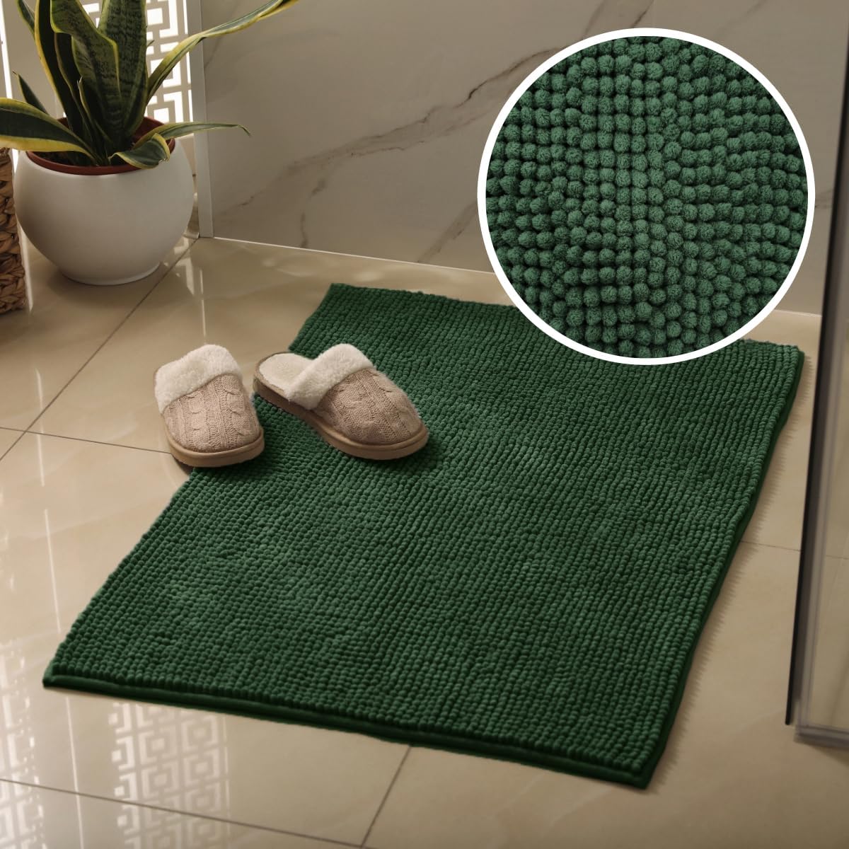 Super soft chenille bobble bath mats in dark green.