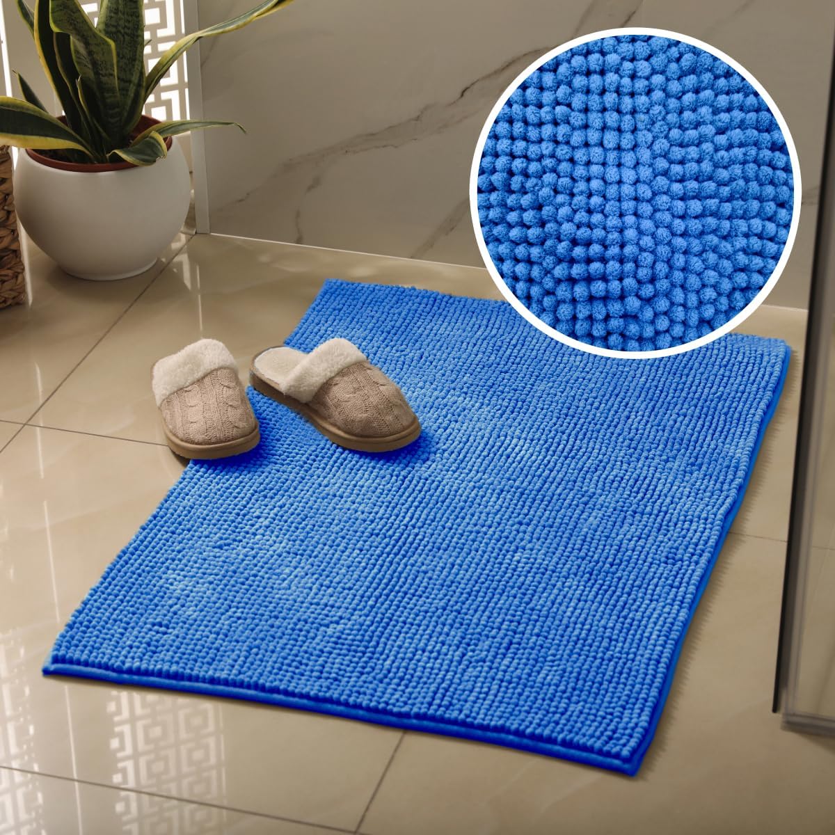 Cornish blue bath mat with chenille bobble design, non slip backing.