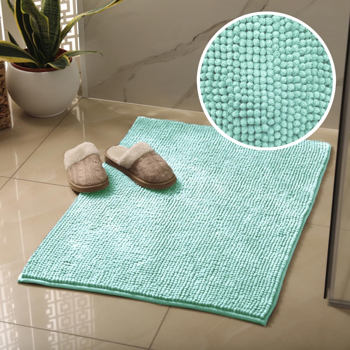Duck egg bathmat made from chenille, super soft bobble design.