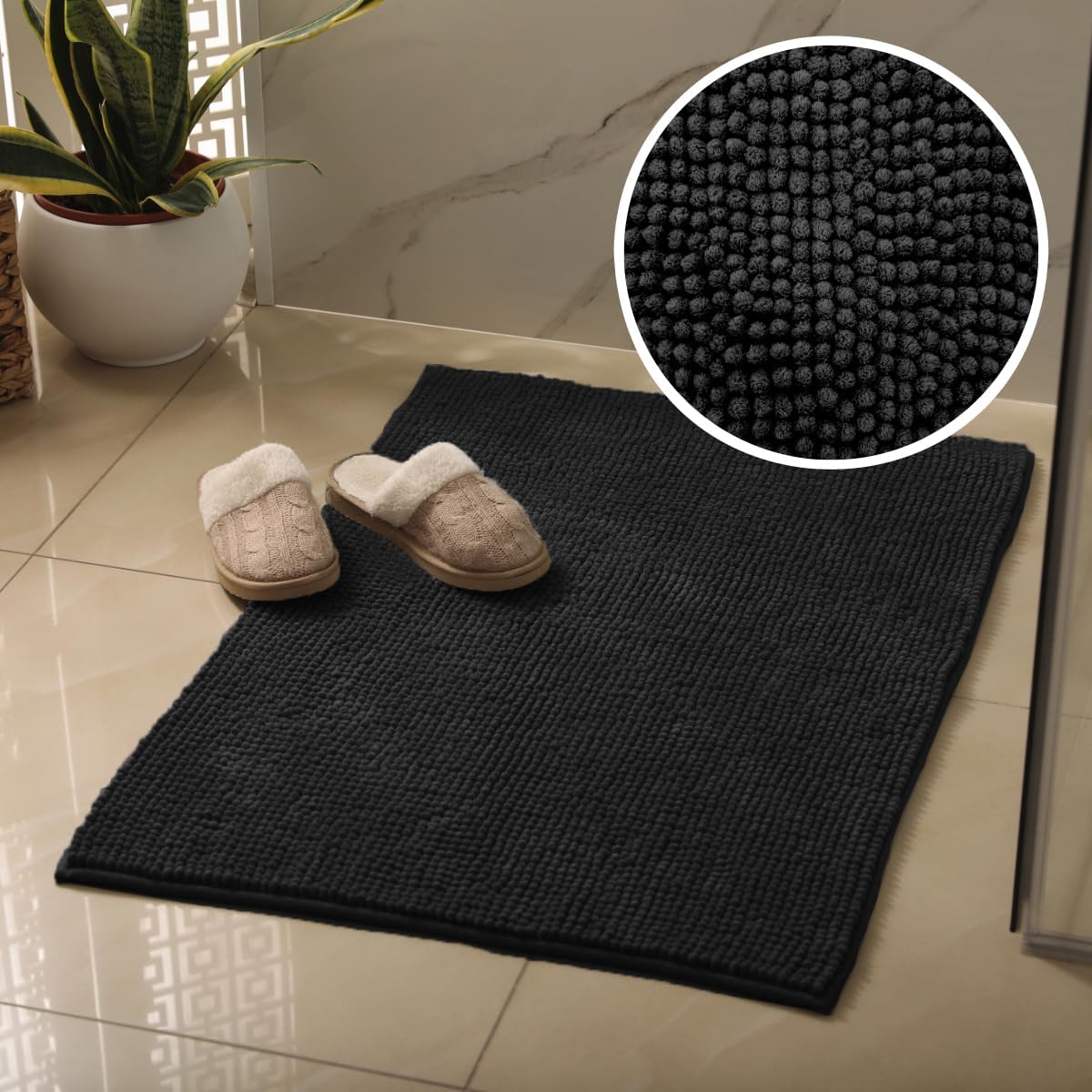 Black non slip bath mats made from super soft microfibre bobbles, super soft and quick drying.