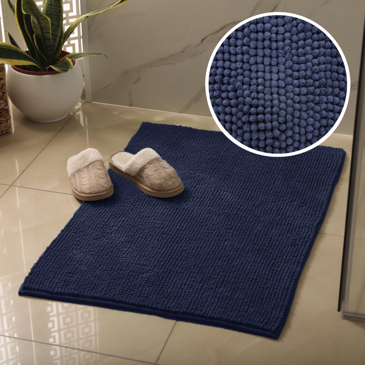 Navy blue non slip bath mat, chenille bobbles.