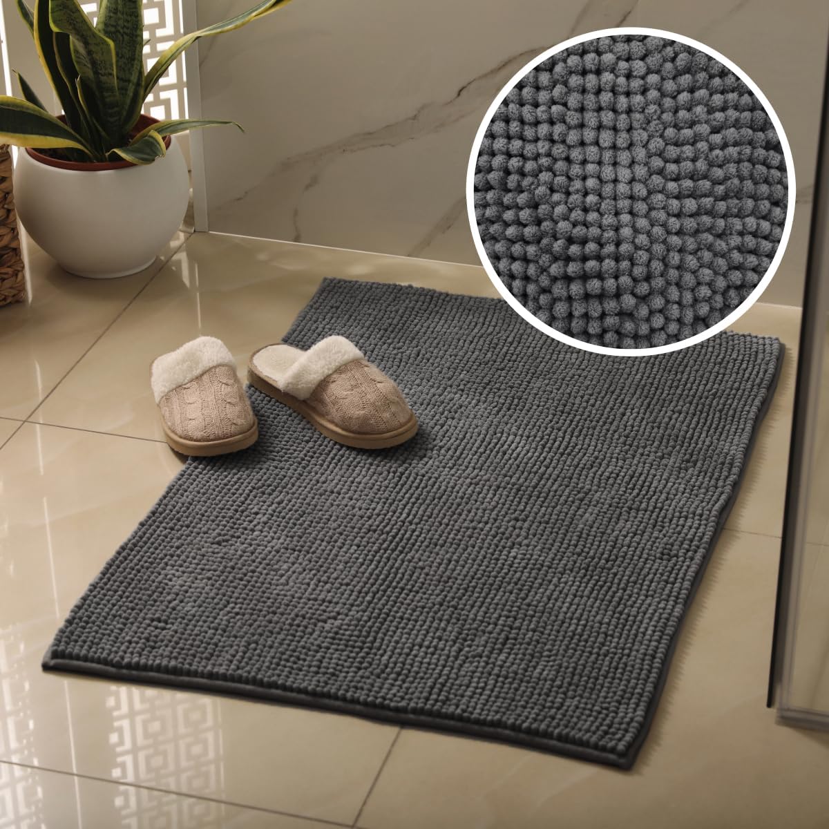 Charcoal grey chenille bobble bathmats, super soft and quick drying.
