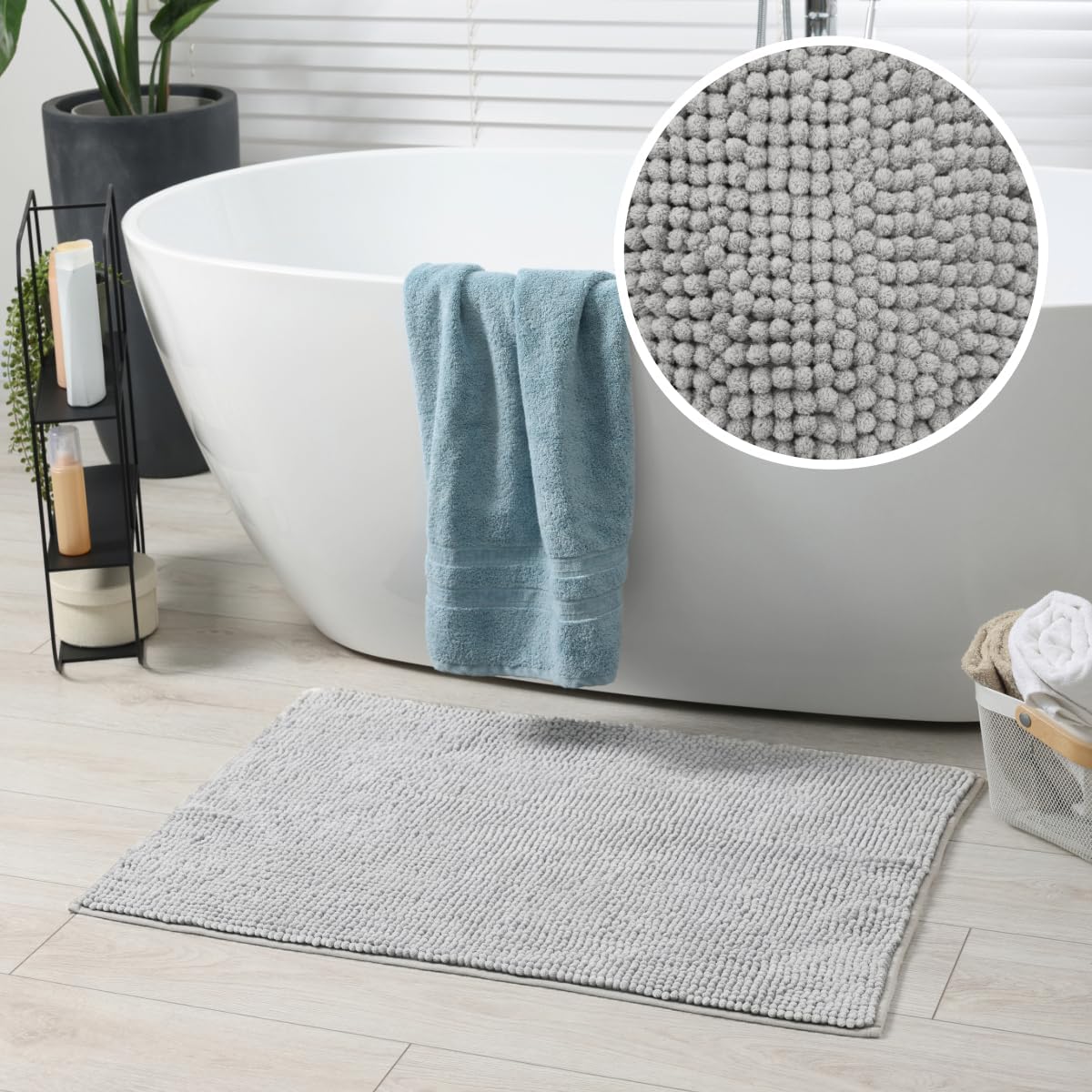 Light grey bobble bath mats made from microfibre, super soft and quicky drying.