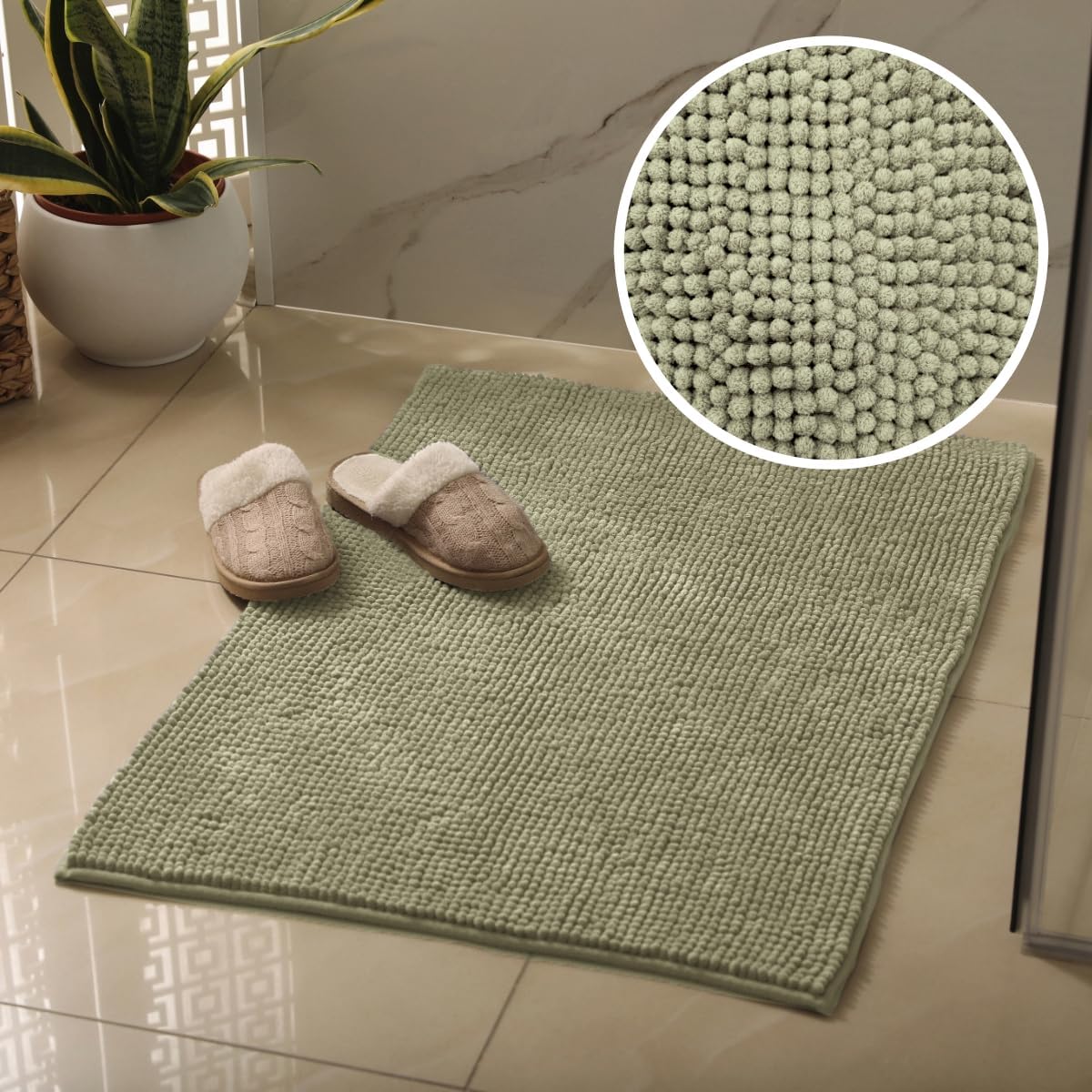 Sage green bath mat with non slip backing, made from super soft microfibre.