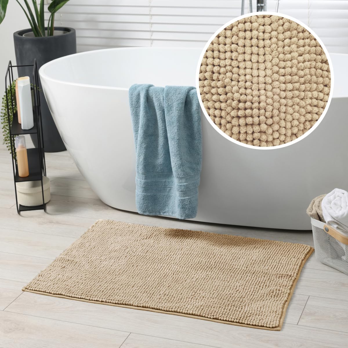 Chenille bobble bath mats in beige colour, super soft and non slip backing.