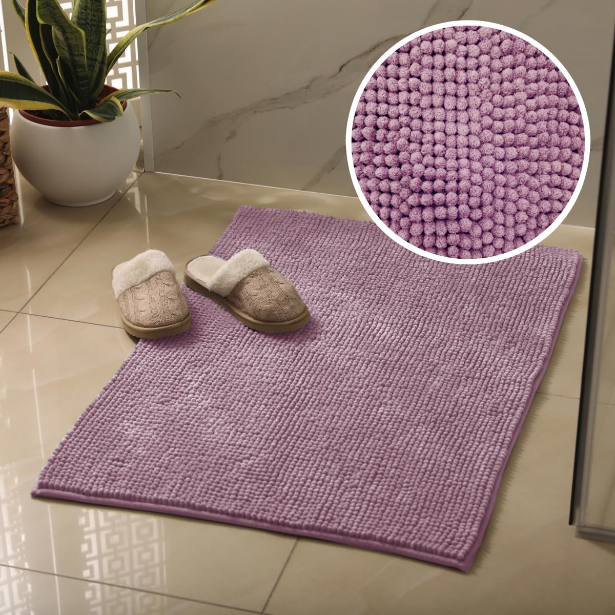 Super soft chenille bobble bath mat with non slip backing in heather colour.