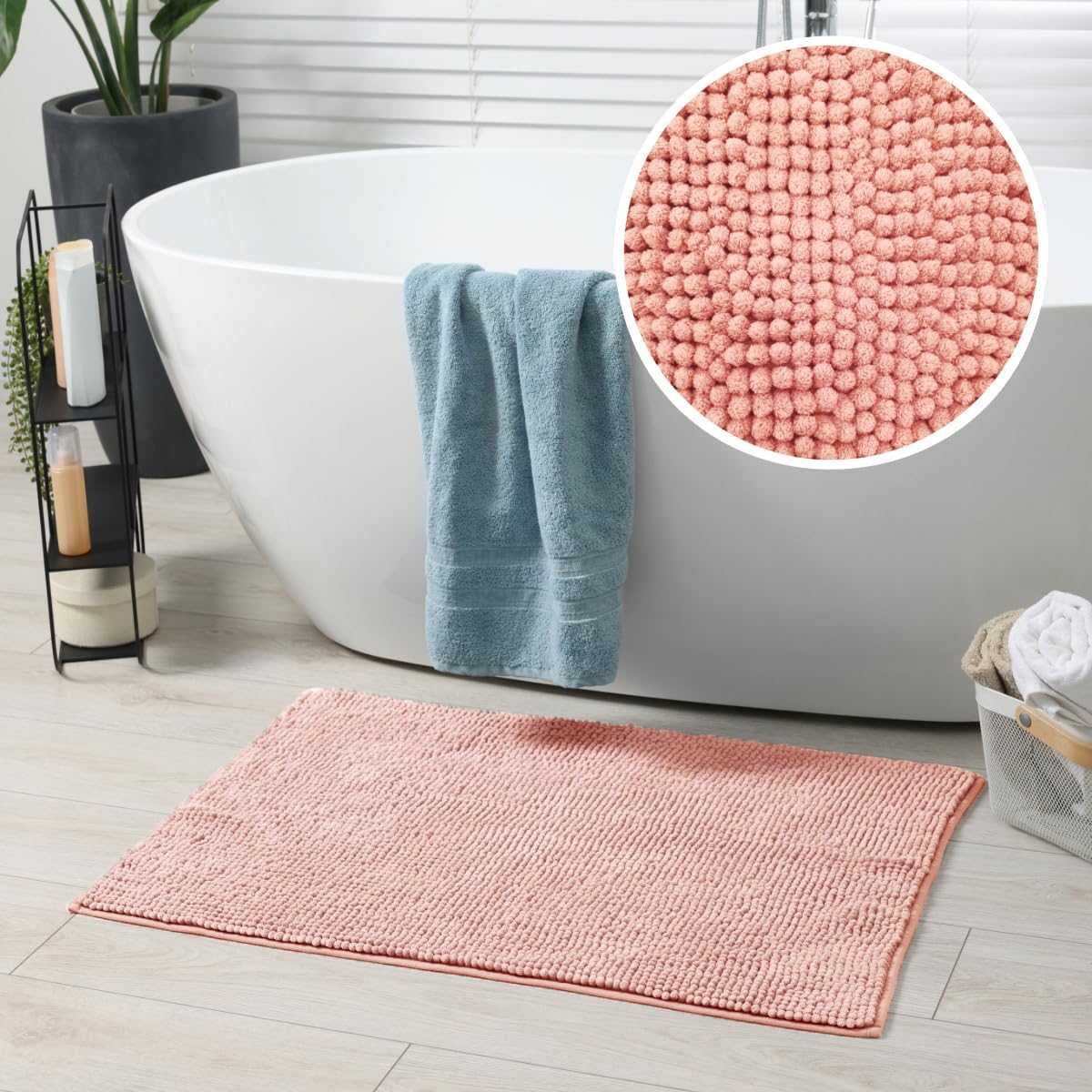 Chenille bobble bath mats with non slip backing in blush pink colour.
