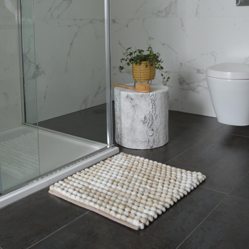 beige marl bobble square bath mat, luxury soft and absorbent shower mat.