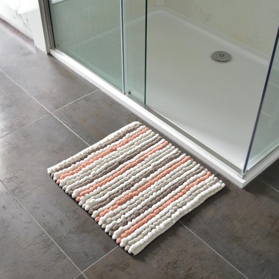 Blush Pink Striped Bobble Luxury Shower Mat - Square Bath Mat outside a Shower Cubicle