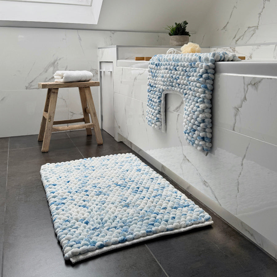 Blue and white marble bathroom mats, coordinated two set - bath mat and toilet mat which deep pile chunky bobbles.