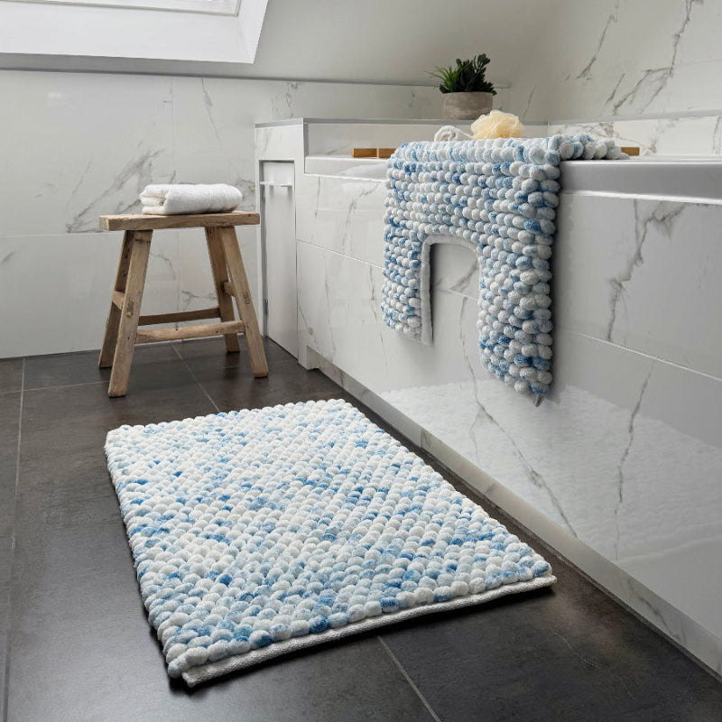 Blue and white marble bathroom mats, coordinated two set - bath mat and toilet mat which deep pile chunky bobbles.