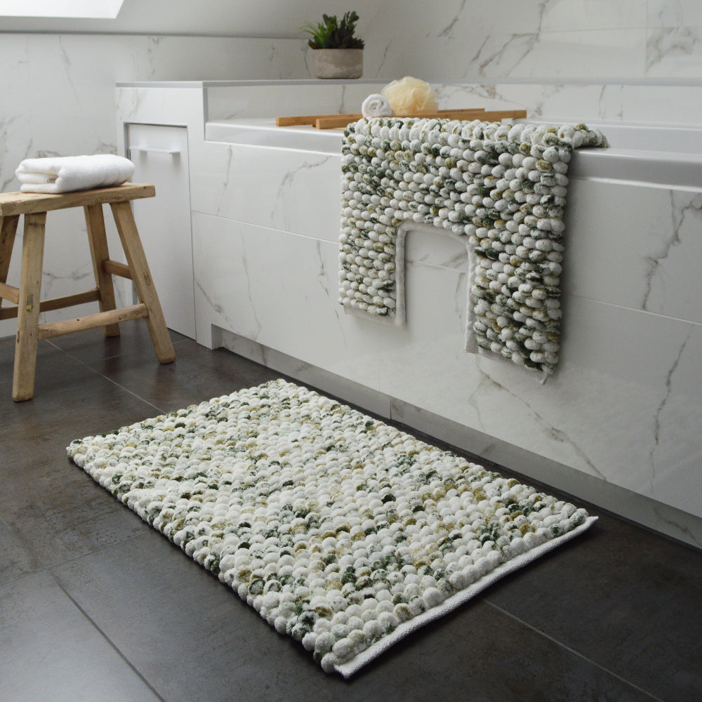 Green and white marble rugs for the bathroom in various sizes - bath mat and pedestal mat.