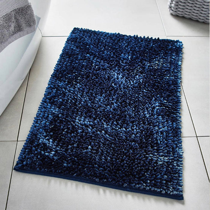 Navy blue bathroom mats with non slip backing.  Chenille bobble bathmats, luxury softness, deep shaggy pile.