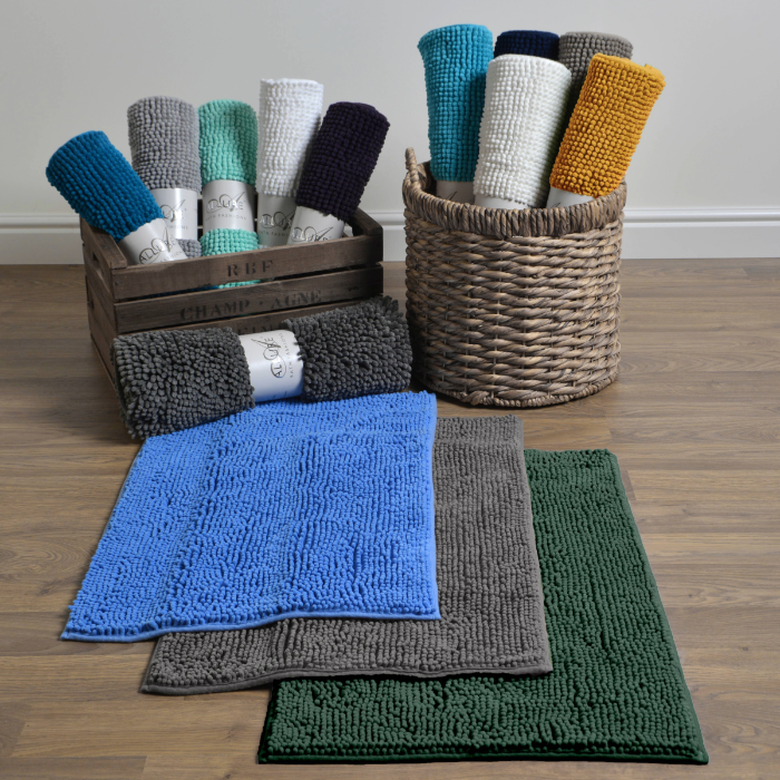 Chenille bath mats in various colours for the bathroom. Super soft design bath mat with non slip backing.