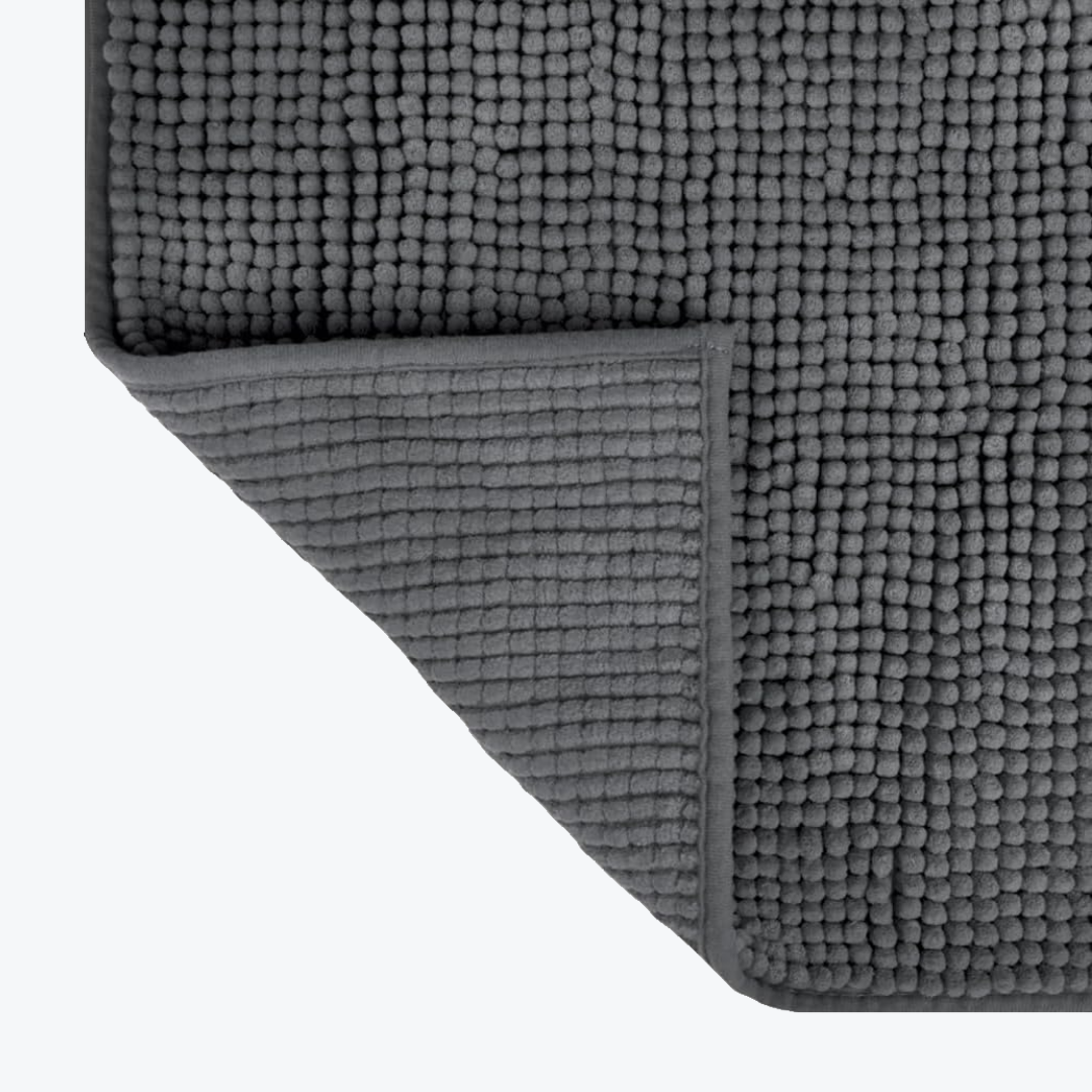 Grey non slip bath mats with chenille bobble finish, soft and absorbent.