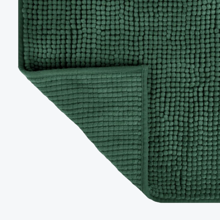 Dark green non slip bath mat with super soft chenille bobble design.