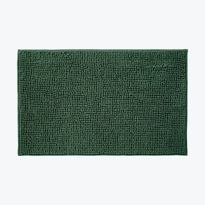 Dark green chenille bobble bath mats with non slip backing.