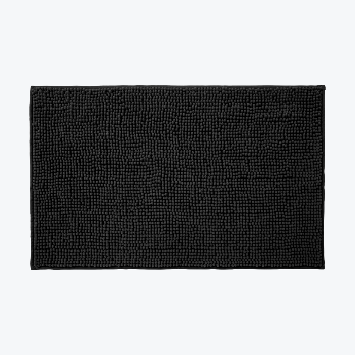 Black chenille bobble bath mats with non slip backing.