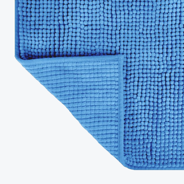 Blue non slip bath mat, made from super soft chenille bobbles.