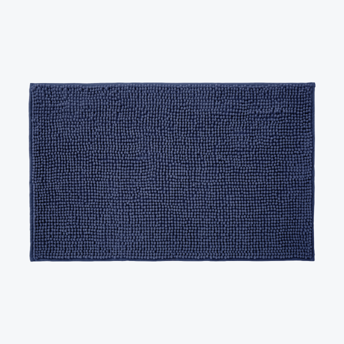 Navy blue chenille bobble bath mat with non slip back.