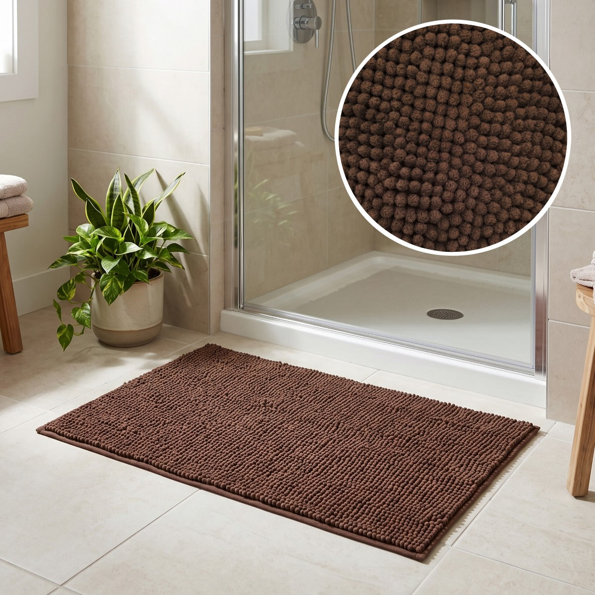 Chocolate brown bathroom mat made from super soft chenille bobbles - super soft and non slip.