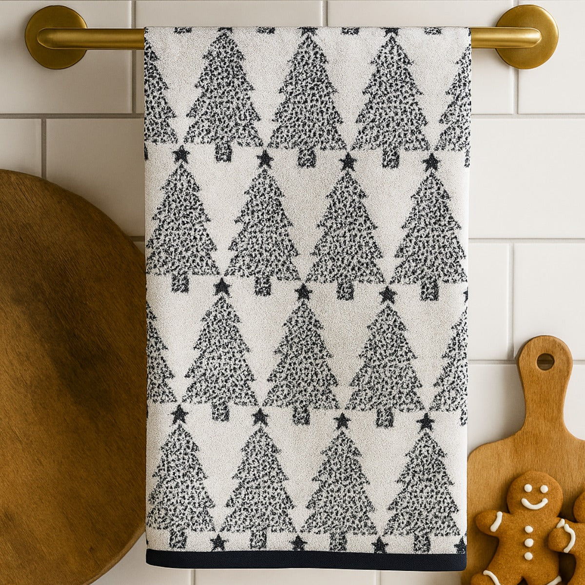 Kitchen tea towel with black tree pattern on a white background. Festive Christmas hand towels set.