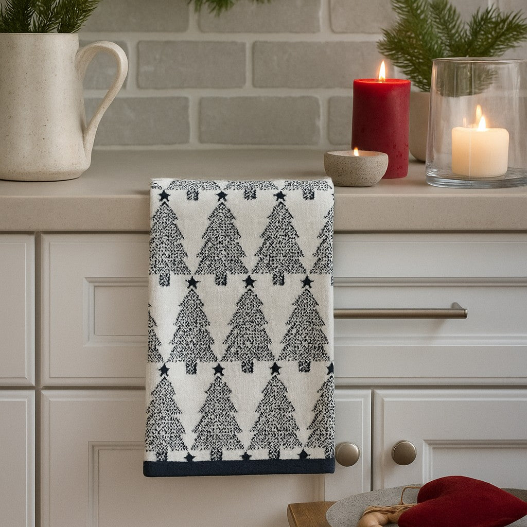 White and black Christmas decor, modern Christmas tree hand towels for the festive holidays.