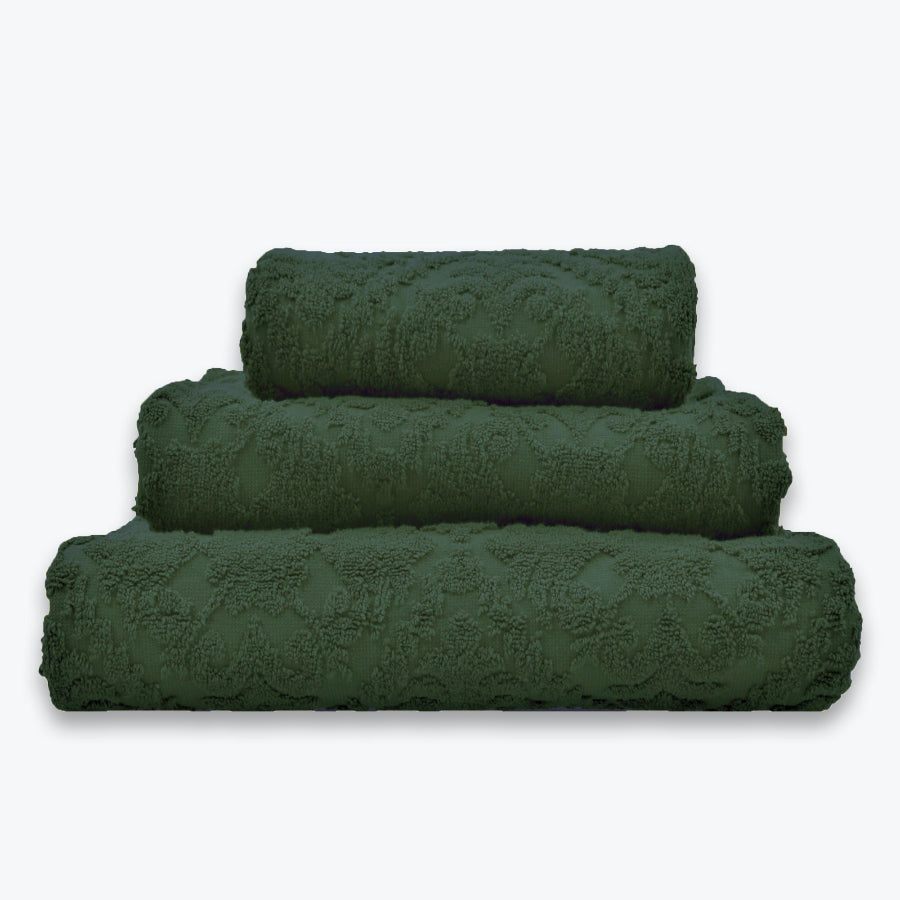 Dark Green Country Bathroom Towel Set - Floral Textured Towels in damask pattern.