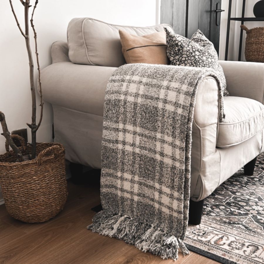 Grey tartan throw, super soft chenille blanket with tassels.