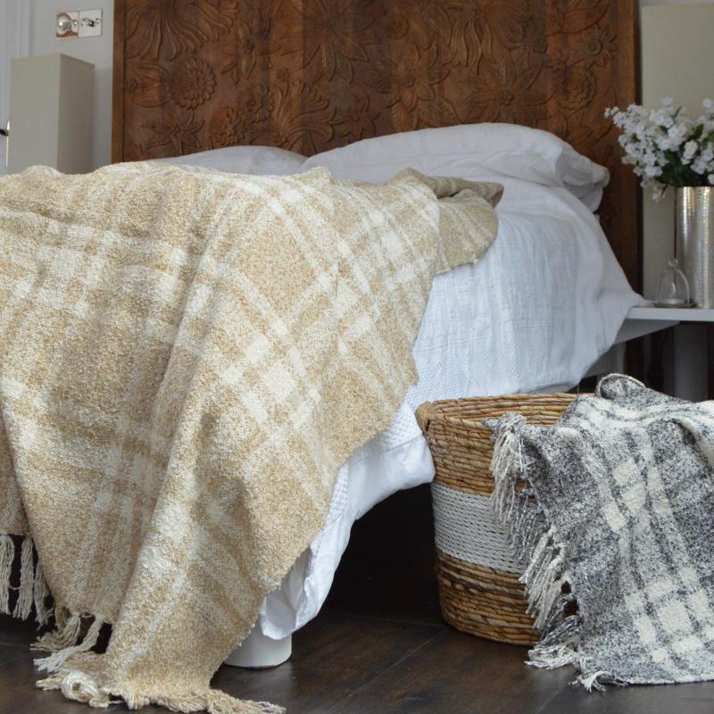 Beige neutral check tartan throw with tassels