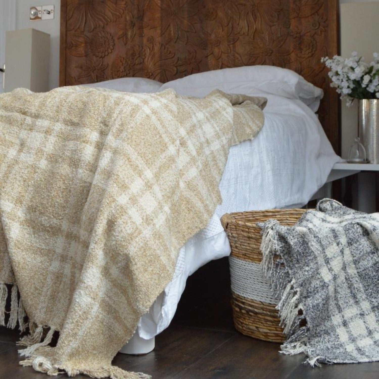 Beige neutral check tartan throw with tassels