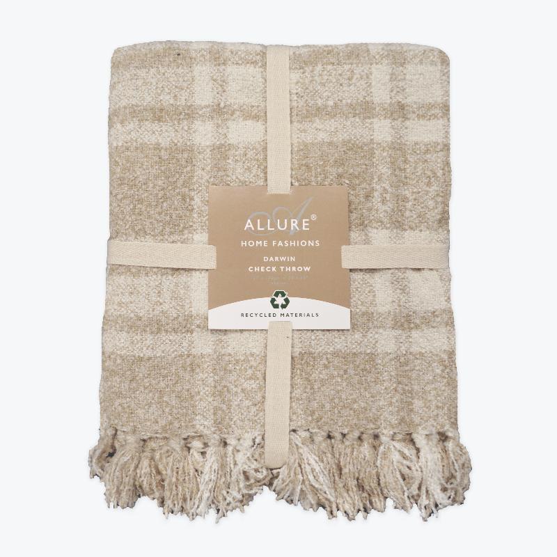 Beige tartan throw, large chenille soft blanket