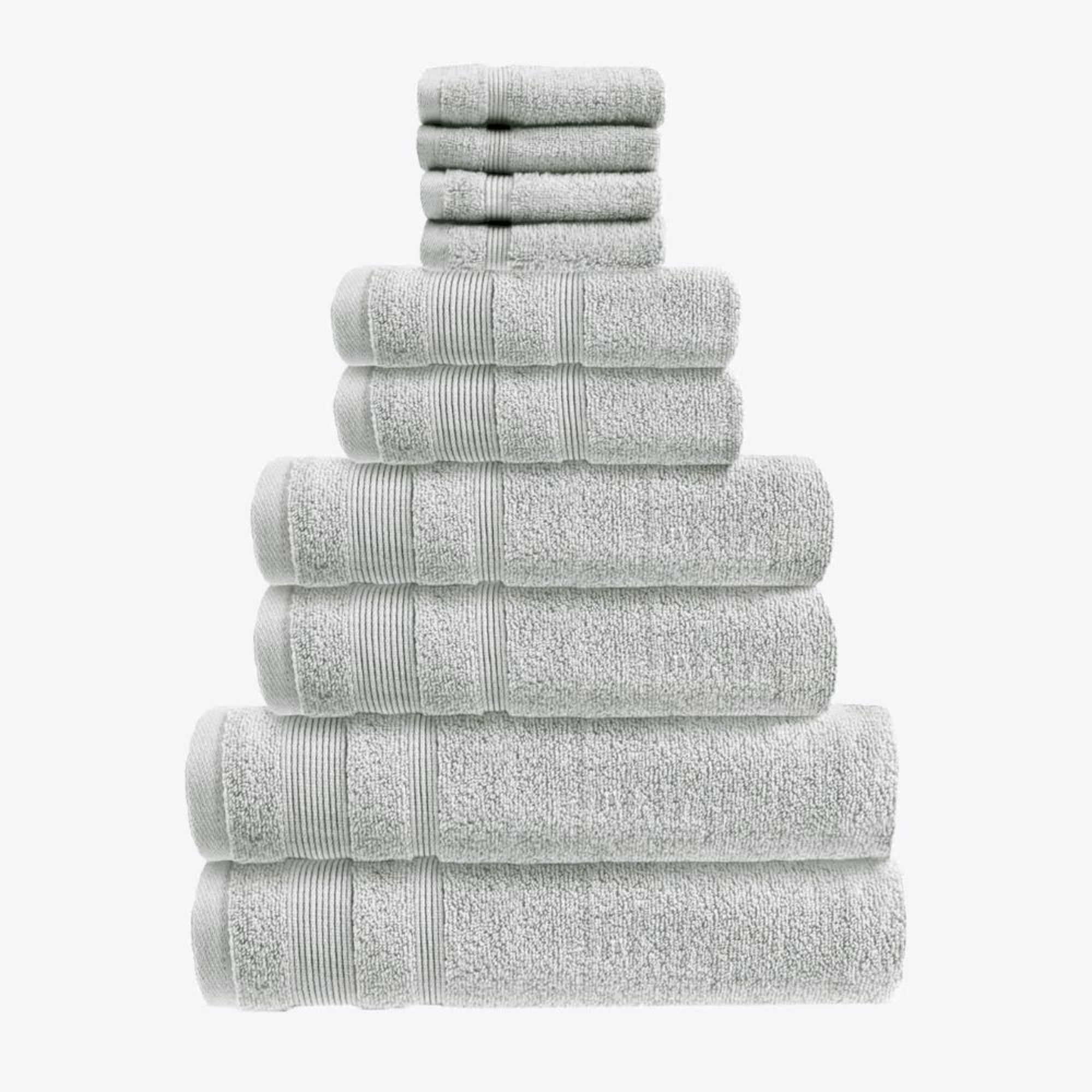 Dove Grey Zero Twist 10pc Towel Set Egyptian Cotton Bathroom Towel Bale. Hand Towels, Bath Towels, Bath Sheets, and Face Cloths