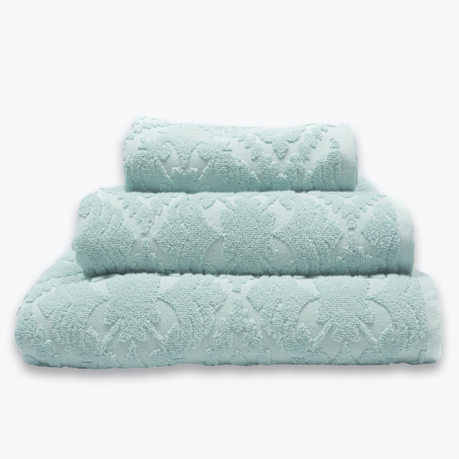 Duck egg blue Country Bathroom Towel Set - Floral Textured Towels in damask pattern.