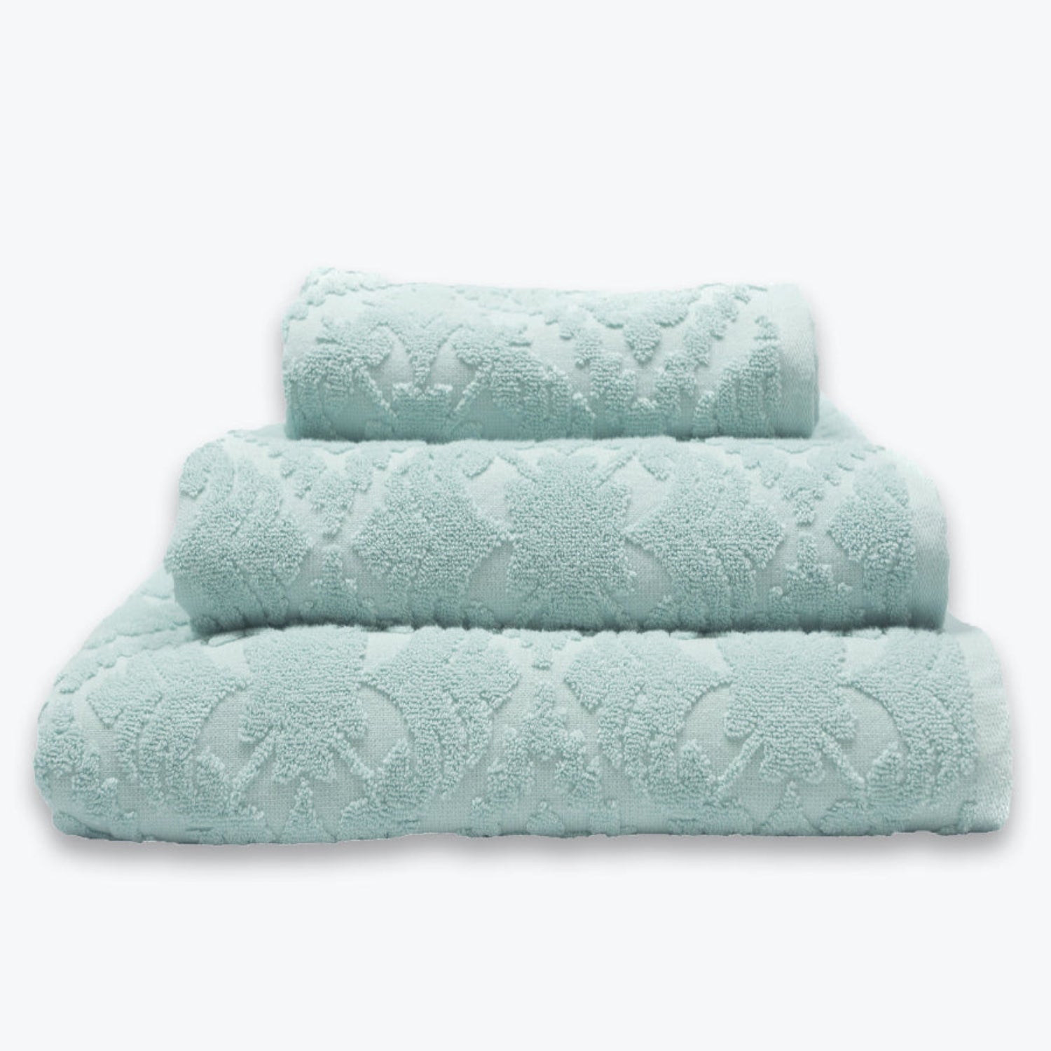 Duck egg blue Country Bathroom Towel Set - Floral Textured Towels in damask pattern.