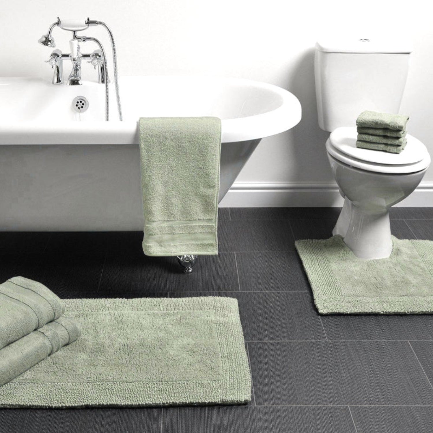Sage green bathroom mats set - bath mat and pedestal mat.