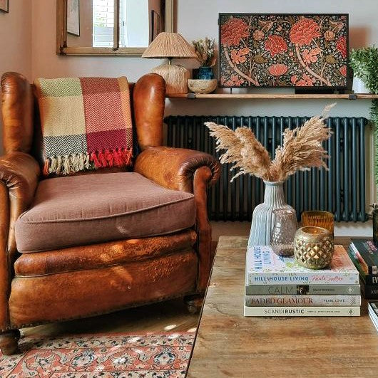 Check multi-coloured chevon herringbone throw with fringe.