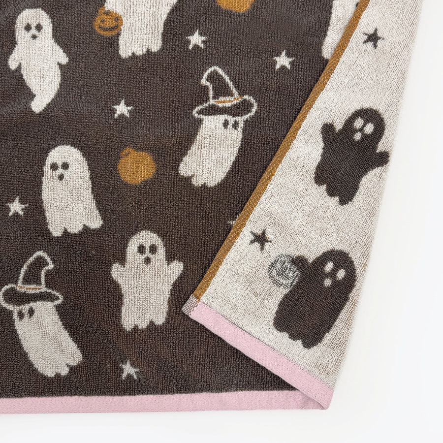 Funny Halloween Ghosts towels in hand towel size. White grey and pink Halloween tea towels.