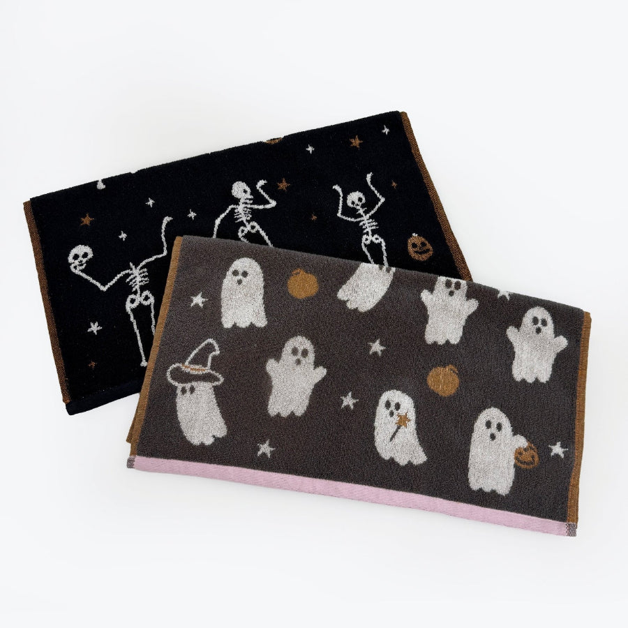 Pack of two Halloween tea towels - cute pink and grey ghost and pumpkin towels, or black and white skeletons.