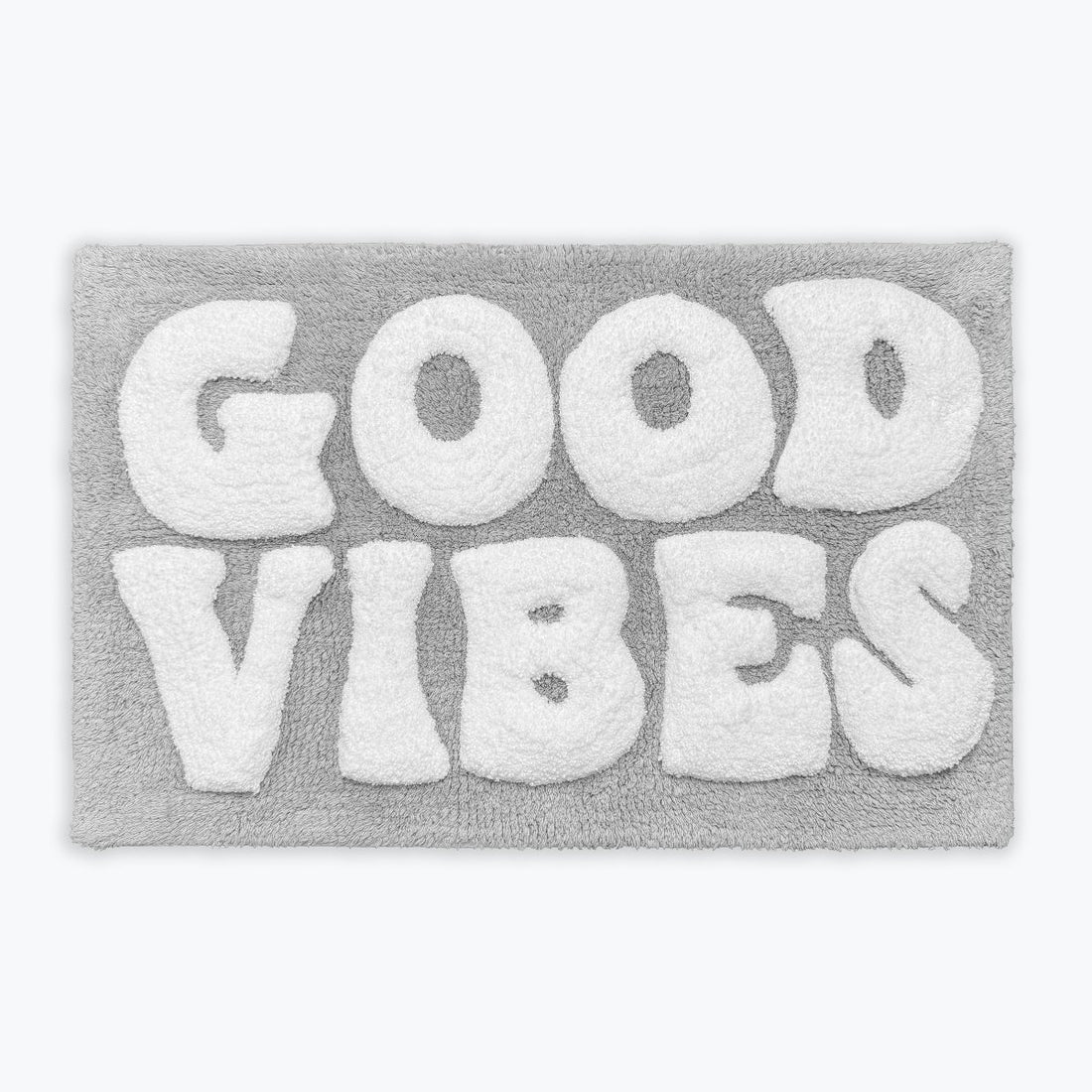 Grey bath mat with fun good vibes slogan. Statement funny bathroom mat.