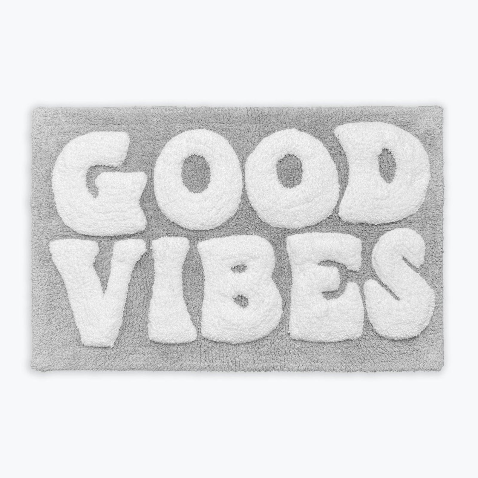 Grey bath mat with fun good vibes slogan. Statement funny bathroom mat.