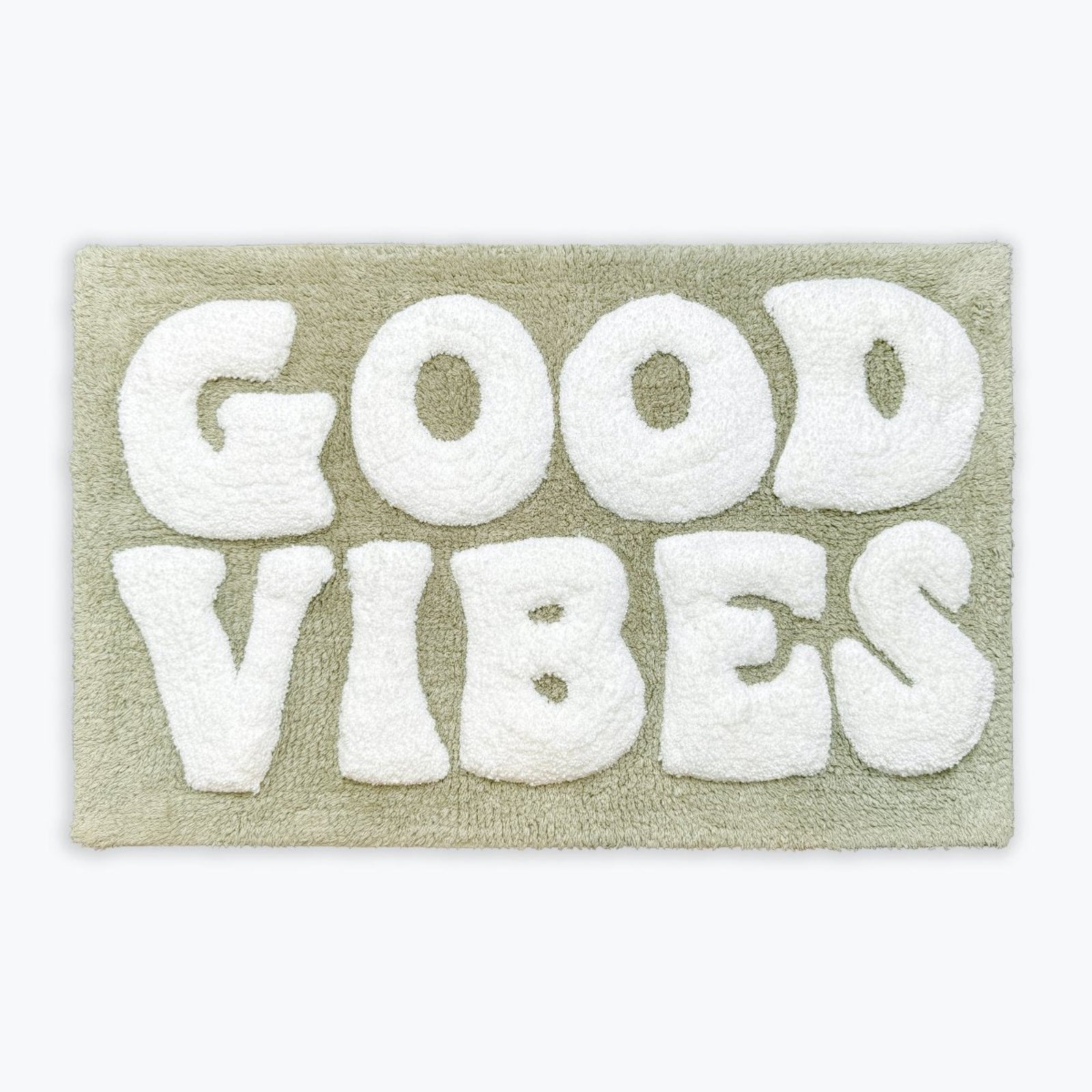 Sage green bathroom rug with fun slogan design. Retro Y2K bath mat.