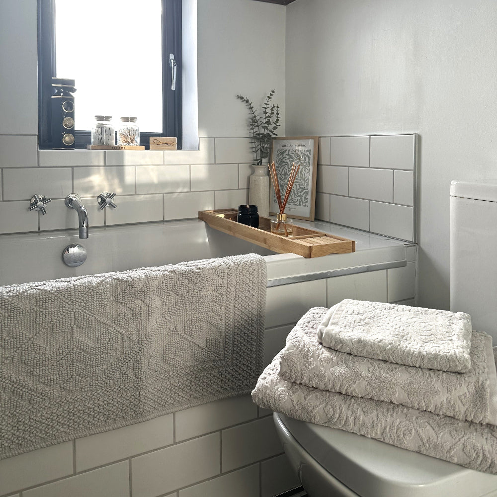 Grey patterned floral towels, country house collection.