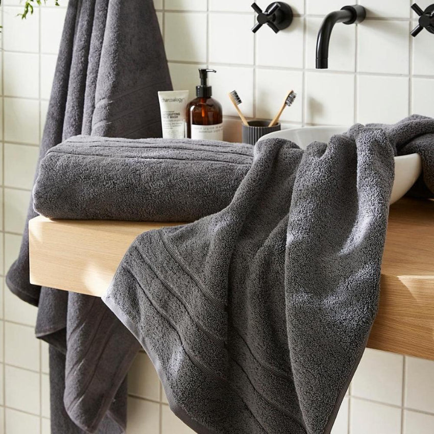 Dark grey hotel towels, thick and heavyweight premium quality.