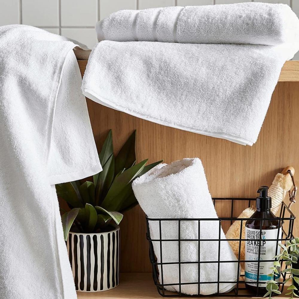 White hotel style bath towels, bath sheets and hand towels.